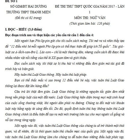 10 mẫu đề thi thử môn Ngữ Văn cho sĩ tử ôn thi THPT năm 2017