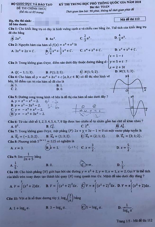 Đáp án chính thức môn Toán THPT Quốc gia năm 2018 của Bộ