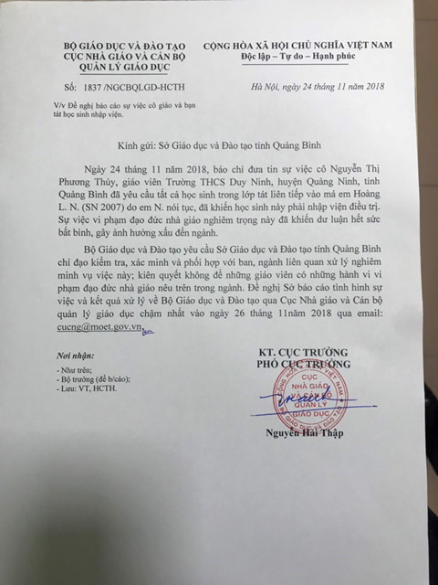  “Xử lý thật nghiêm cô giáo phạt học sinh 231 cái tát vì bất cứ nguyên nhân gì”